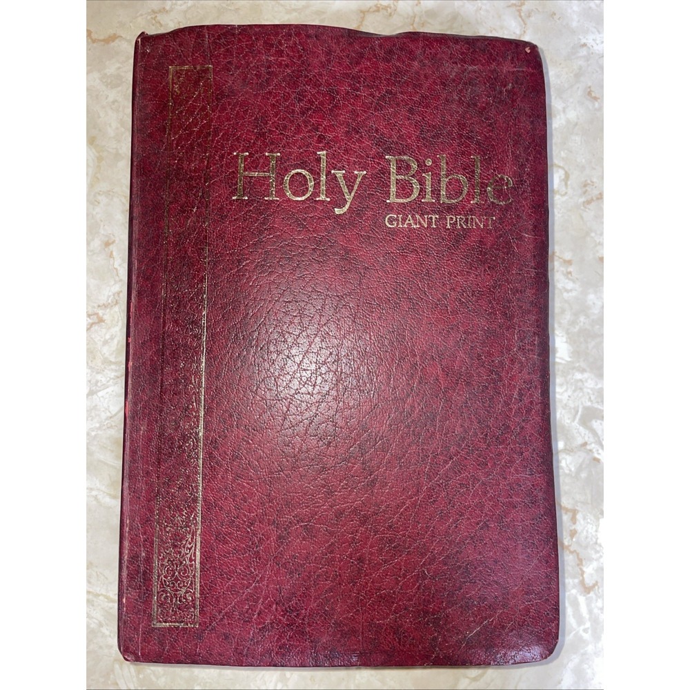 Vintage Holy Bible Large Print Brown Leather Cover Gold Gilded Pages Color Print